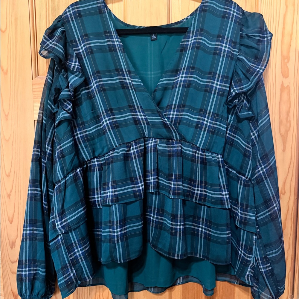torrid Teal Plaid Ruffle Wrap Peplum Blouse